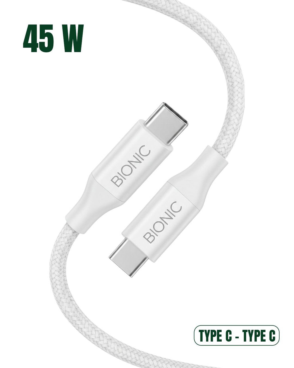 BIONIC 45W USB C TO C FAST CHARGING CABLE(WHITE)