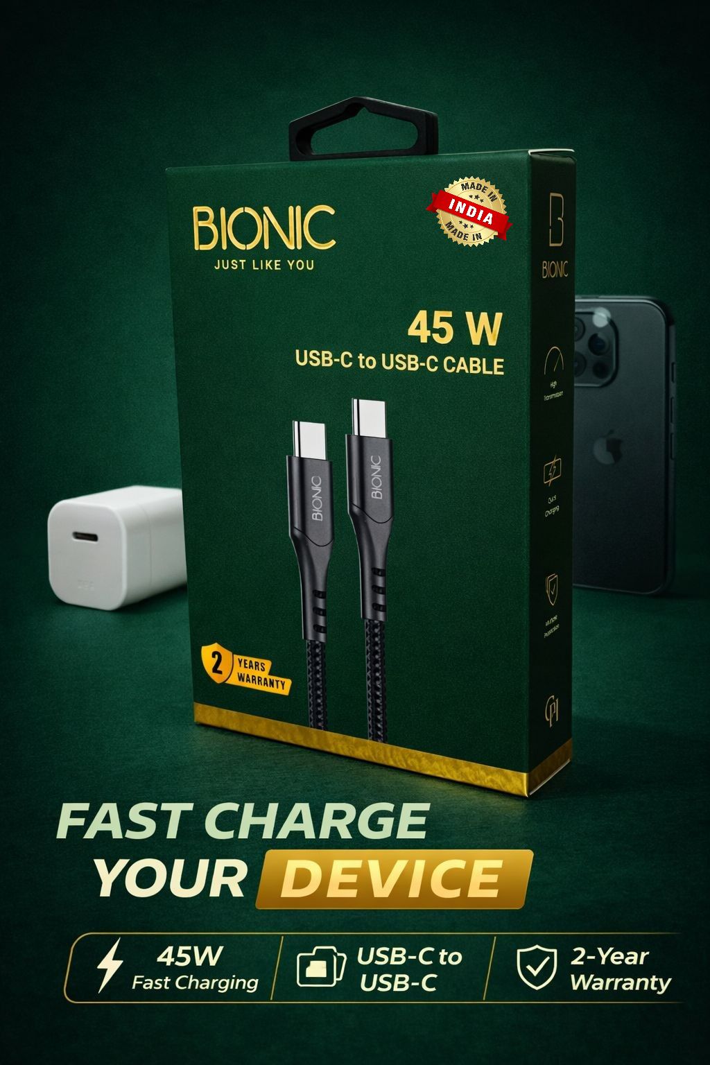 BIONIC 45W C TO C FAST CHARGING CABLE (BLACK)