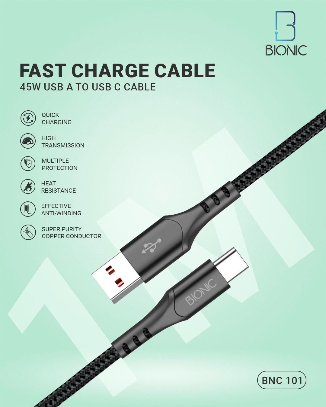 BIONIC 45W USB A TO USB C FAST CHARGING CABLE