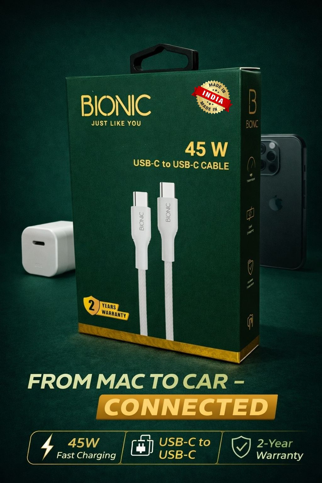 BIONIC 45W USB C TO C FAST CHARGING CABLE(WHITE)